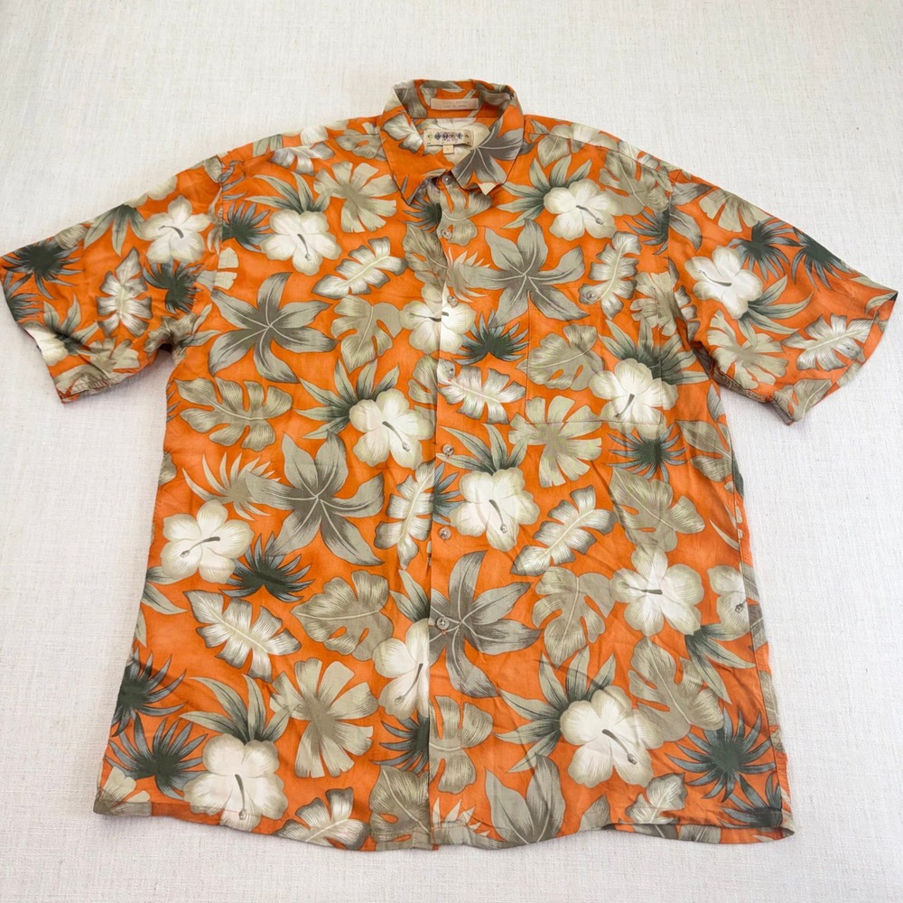 Campia Moda Mens Orange Tropical Hibiscus Floral Rayon Hawaiian Shirt Large L - Picture 14 of 15